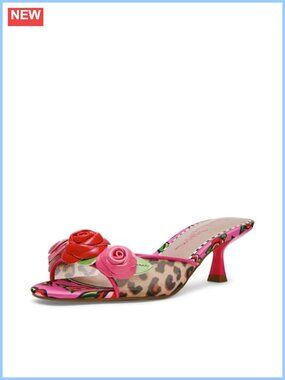 Kitten Heel Slide Sandals Leopard Print 3D Floral Slip On